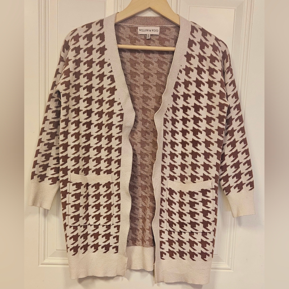 Women Size S  Houndstooth Soft Open Front Pockets Cardigan rayon brown cream